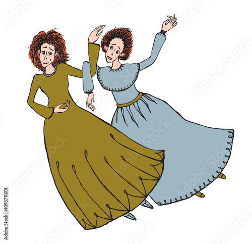 Two young redheaded witches flying, cartoon fictional characters, vector hand drawn illustration
