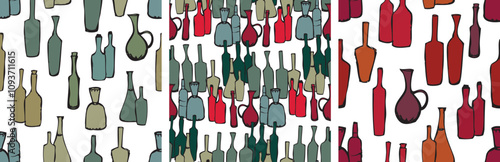 Seamless patterns of wine bottles collection, contour hand drawings, red green silhouettes, vector backgrounds, wallpaper, paper