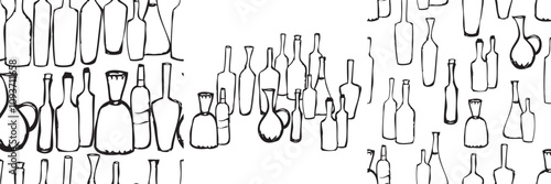 Wine bottles collection, contour hand drawings, seamless patterns, vector backgrounds, wallpaper, paper