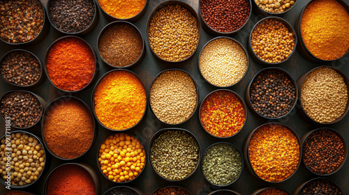 Spice Collection: Top View of Seasonings in Cups