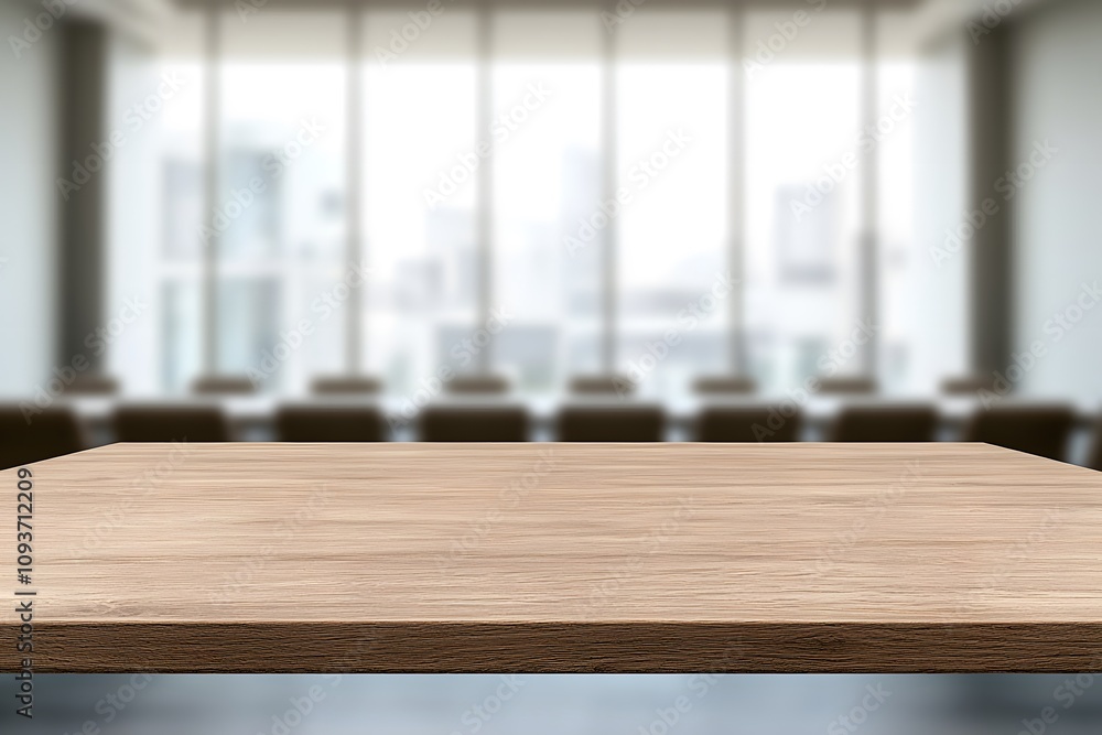 Fototapeta premium Blurred background of a conference room with a focus on a wooden table, highlighting its polished surface and creating a professional, minimalist workspace setting