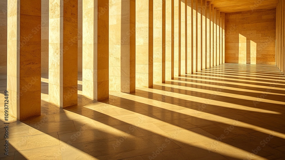 Abstract architectural scene characterized by a minimalist composition with tall, geometric shapes casting long shadows. The sun's rays bounce off the smooth surfaces, creating a play of light Abstract architectural scene characterized by a minimalist composition with tall, geometric shapes casting long shadows. The sun's rays bounce off the smooth surfaces, creating a play of light