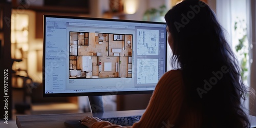 A woman uses software to design an apartment.  She's working on a floor plan on her computer screen.