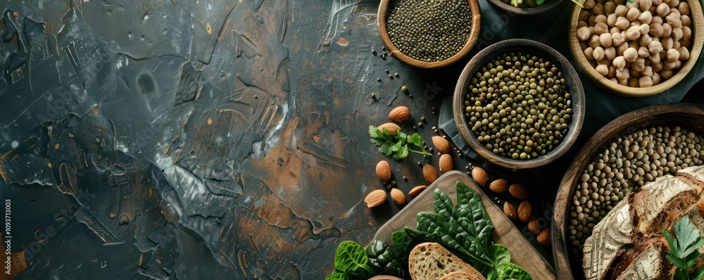 An assortment of healthy plant-based protein sources, including various legumes, nuts, and fresh greens, displayed on a textured dark surface. An assortment of healthy plant-based protein sources, including various legumes, nuts, and fresh greens, displayed on a textured dark surface.