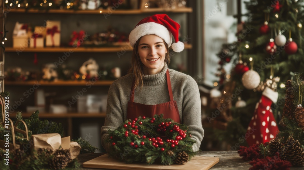 A professional florist creates a Christmas wreath in a cozy shop decorated with holiday cheer A professional florist creates a Christmas wreath in a cozy shop decorated with holiday cheer