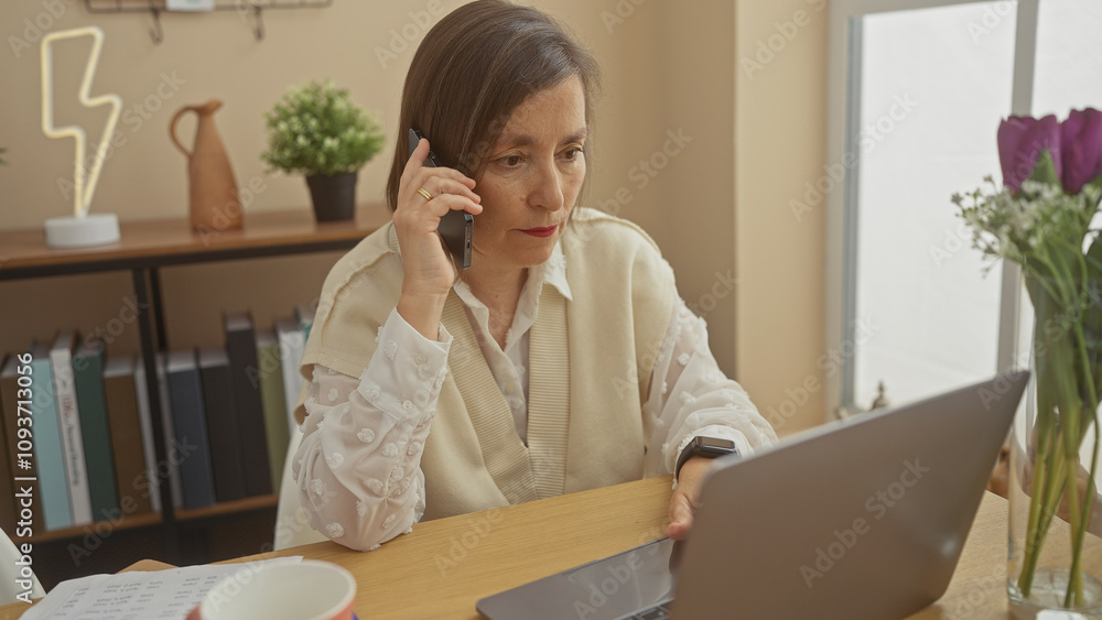Mature woman using laptop and talking on phone in a modern home office setup with flowers. Mature woman using laptop and talking on phone in a modern home office setup with flowers.