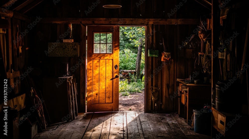 Sunlight Streaming Through an Open Doorway in a Dark Wooden Shed Sunlight Streaming Through an Open Doorway in a Dark Wooden Shed