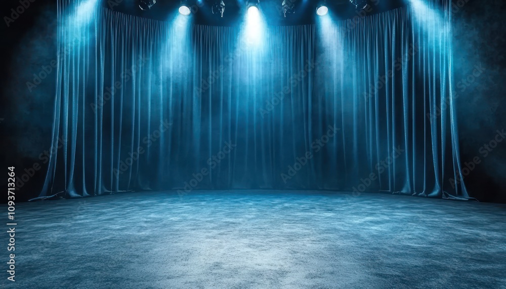 Fototapeta premium Blue Stage Curtains with Spotlights and Fog