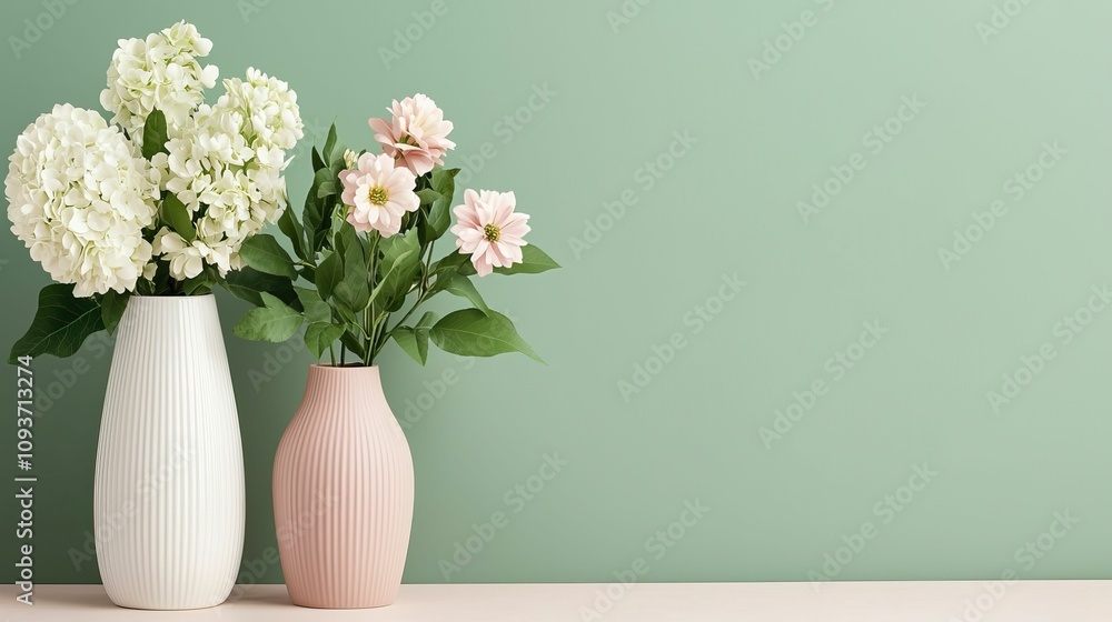 model modern design and avant-garde, Two vases with white and pink flowers on a light wooden surface against a soft green wall, creating a serene and stylish decor. model modern design and avant-garde, Two vases with white and pink flowers on a light wooden surface against a soft green wall, creating a serene and stylish decor.