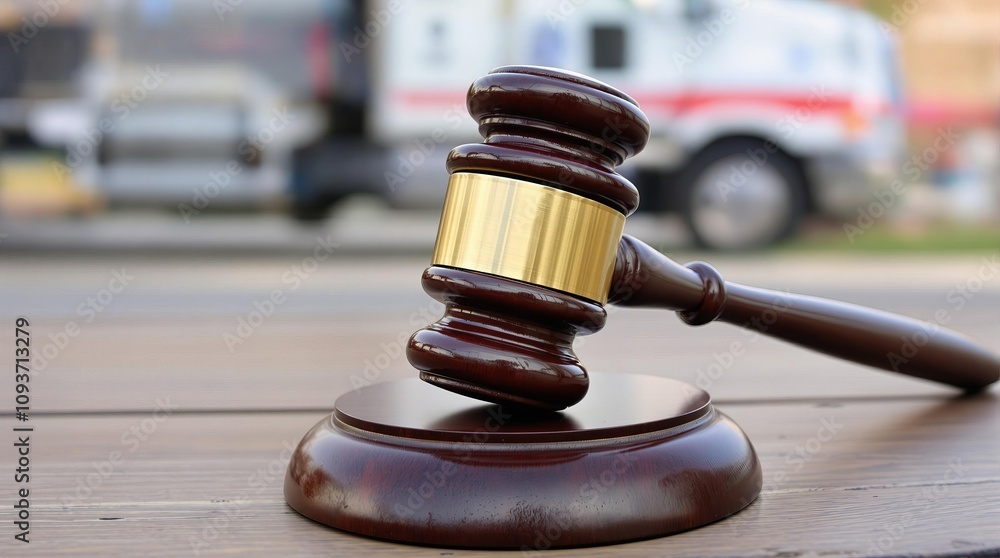 Gavel placed on wooden block resting on table with emergency vehicle in background during legal proceedings Gavel placed on wooden block resting on table with emergency vehicle in background during legal proceedings