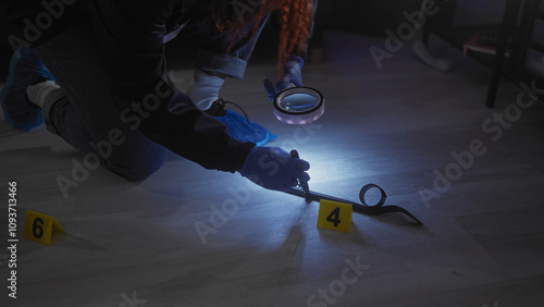 A woman examines evidence at a dimly lit indoor crime scene using a magnifying glass and wearing gloves. photo