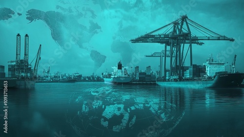 Africa Industrialization Day Teal & Aqua Theme with Trade Ships, Ports & Cranes for Economic Growth photo