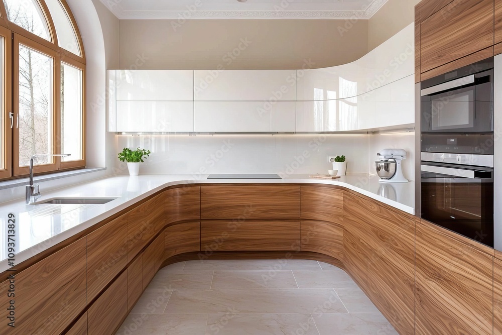 model modern design and avant-garde, A modern kitchen featuring sleek, white cabinets, wooden accents, and ample natural light from large windows. model modern design and avant-garde, A modern kitchen featuring sleek, white cabinets, wooden accents, and ample natural light from large windows.