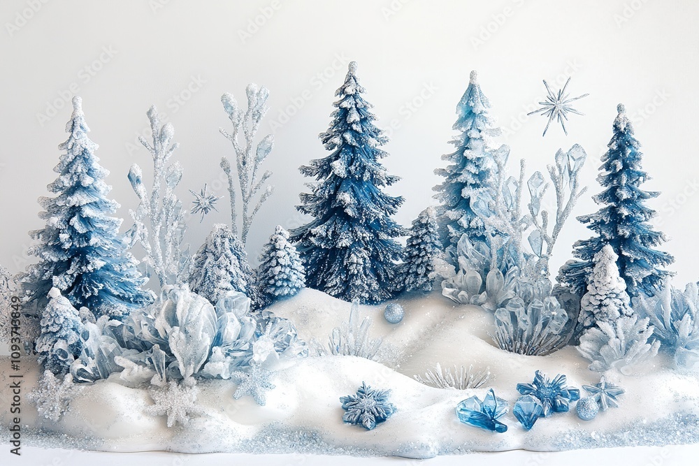 A cool toned forest scene with trees in shades of frosty blue and white A cool toned forest scene with trees in shades of frosty blue and white