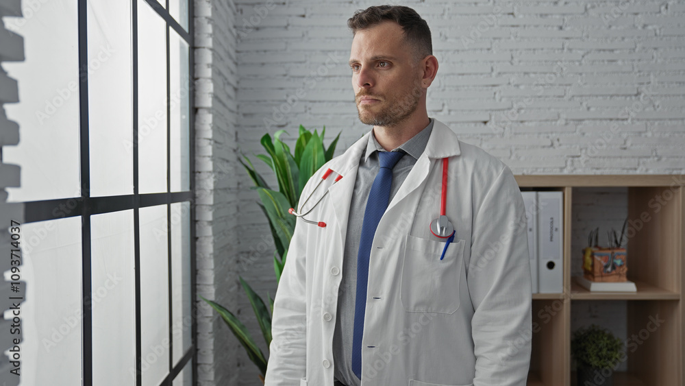 A professional man wearing a lab coat stands contemplatively in a modern clinic room with a stethoscope around his neck. A professional man wearing a lab coat stands contemplatively in a modern clinic room with a stethoscope around his neck.