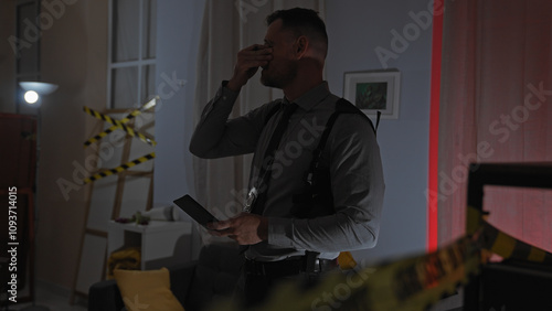 A distressed man at a crime scene indoors, with caution tape, distressed, holding evidence and a flashlight, in a dark apartment.