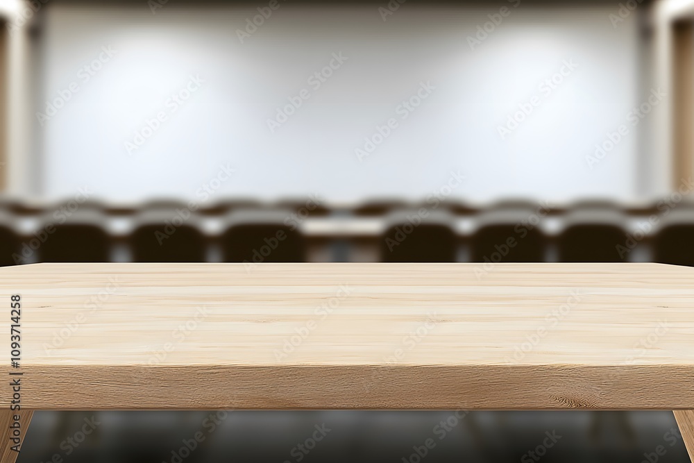 Blurred background of a conference room with a focus on a wooden table, highlighting its polished surface and creating a professional, minimalist workspace setting Blurred background of a conference room with a focus on a wooden table, highlighting its polished surface and creating a professional, minimalist workspace setting