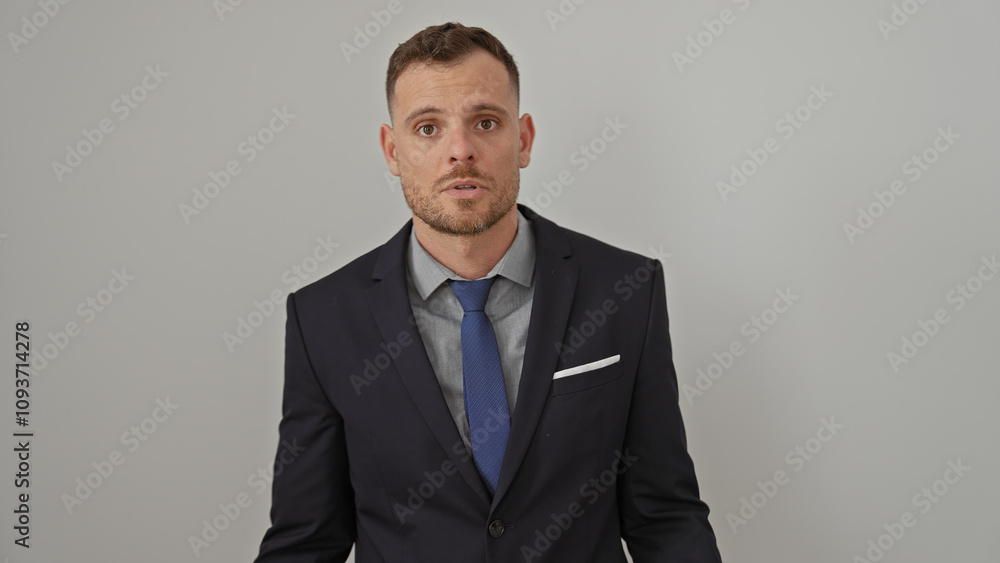 A professional young man in a suit stands confidently against a white background. A professional young man in a suit stands confidently against a white background.