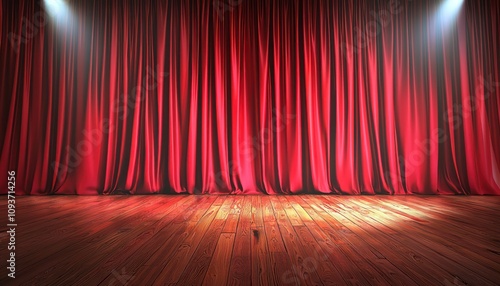 Red Stage Curtains with Wooden Floor and Spotlights