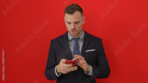 A well-dressed man focused on texting with his smartphone against a striking red background photo