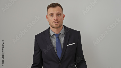 A professional young man in a suit stands confidently against a white background.