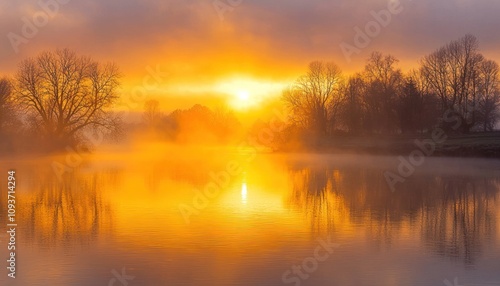 Golden Sunrise Over a Foggy River with Bare Trees