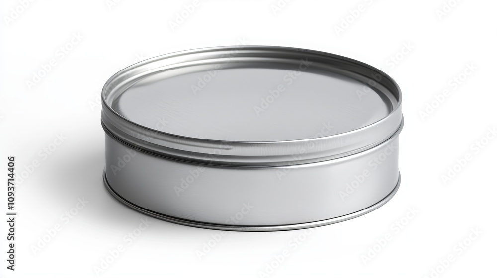 An unopened circular steel can for preserved food with a silver exterior, isolated on a white background. Tin cans are designed for safe and long-term storage of food, ensuring its quality An unopened circular steel can for preserved food with a silver exterior, isolated on a white background. Tin cans are designed for safe and long-term storage of food, ensuring its quality
