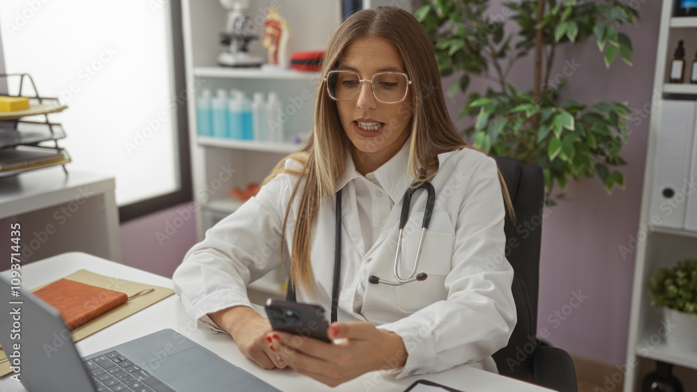 Doctor woman using smartphone in clinic office with stethoscope around neck, surrounded by medical equipment and plants, appearing engaged and professional. Doctor woman using smartphone in clinic office with stethoscope around neck, surrounded by medical equipment and plants, appearing engaged and professional.