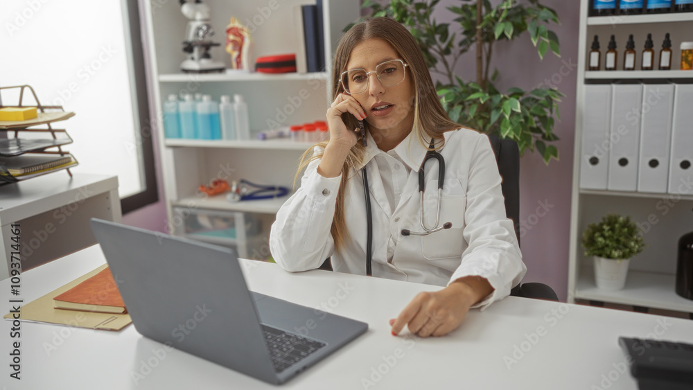 Woman doctor talking on phone in hospital office, wearing white coat and glasses with laptop on desk, showcasing medical professional workplace indoors. Woman doctor talking on phone in hospital office, wearing white coat and glasses with laptop on desk, showcasing medical professional workplace indoors.