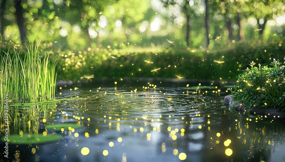 Fototapeta premium Fireflies Dancing Over a Serene Pond in a Summer Forest