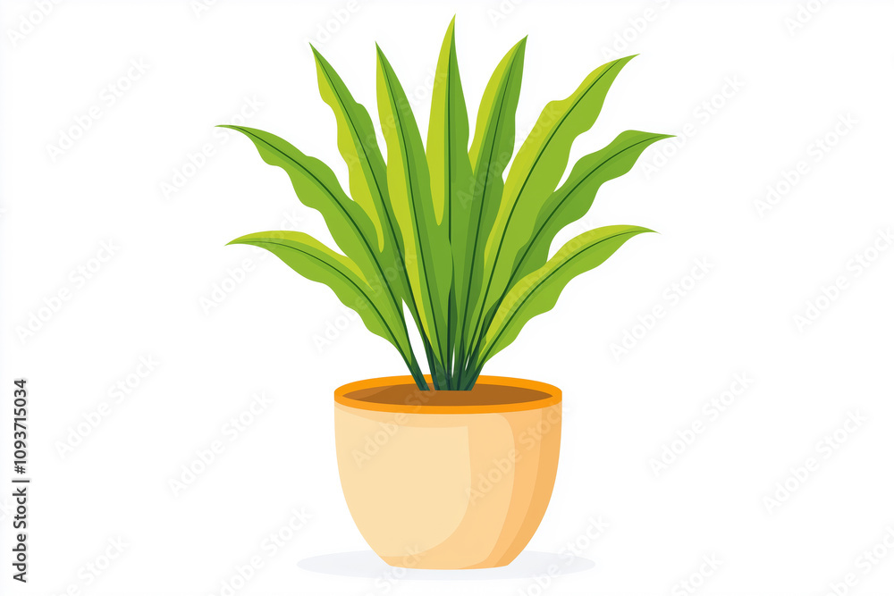Vector illustration of a potted plant with lush green, long leaves growing from an orange pot Vector illustration of a potted plant with lush green, long leaves growing from an orange pot