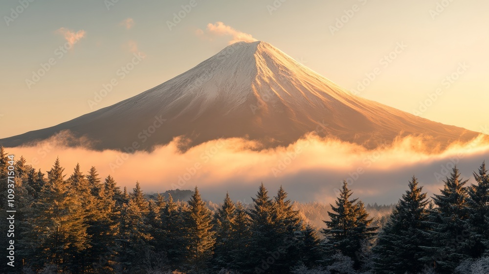 Fototapeta premium Majestic snow-capped mountain rises above the clouds, framed by tall evergreen trees at sunrise. Nature’s beauty captured in stillness.
