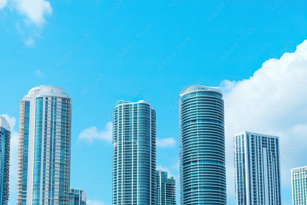 model modern design and avant-garde, A vibrant skyline featuring modern skyscrapers against a clear blue sky with fluffy clouds. model modern design and avant-garde, A vibrant skyline featuring modern skyscrapers against a clear blue sky with fluffy clouds.