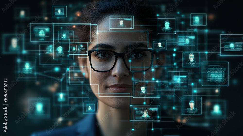 Businesswoman surrounded by digital data network, futuristic technology concept, facial recognition interface, networking, artificial intelligence, information, connected data visualization Businesswoman surrounded by digital data network, futuristic technology concept, facial recognition interface, networking, artificial intelligence, information, connected data visualization