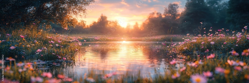 Peaceful summer evening landscape with golden light reflecting on the calm lake water. Peaceful summer evening landscape with golden light reflecting on the calm lake water.