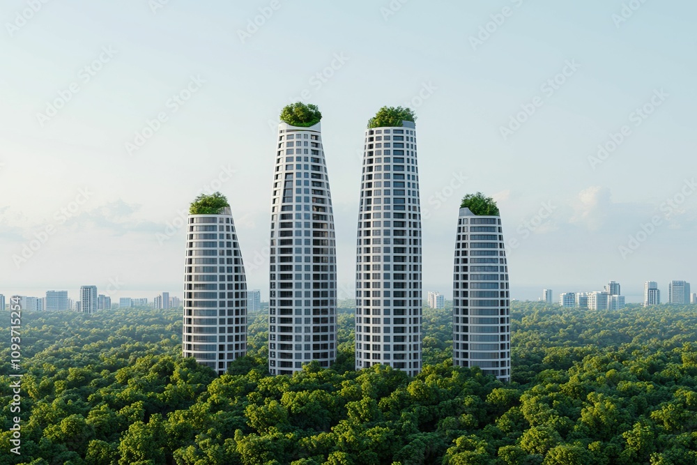 Fototapeta premium model modern design and avant-garde, Modern skyscrapers with green rooftops rise above lush greenery, showcasing a blend of nature and architecture in an urban landscape.