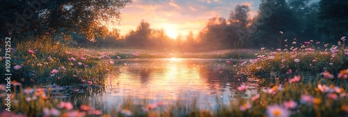 Peaceful summer evening landscape with golden light reflecting on the calm lake water.