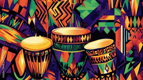 An abstract illustration of three colorful drums surrounded by bold patterns. The artwork showcases African cultural elements with vibrant colors. photo