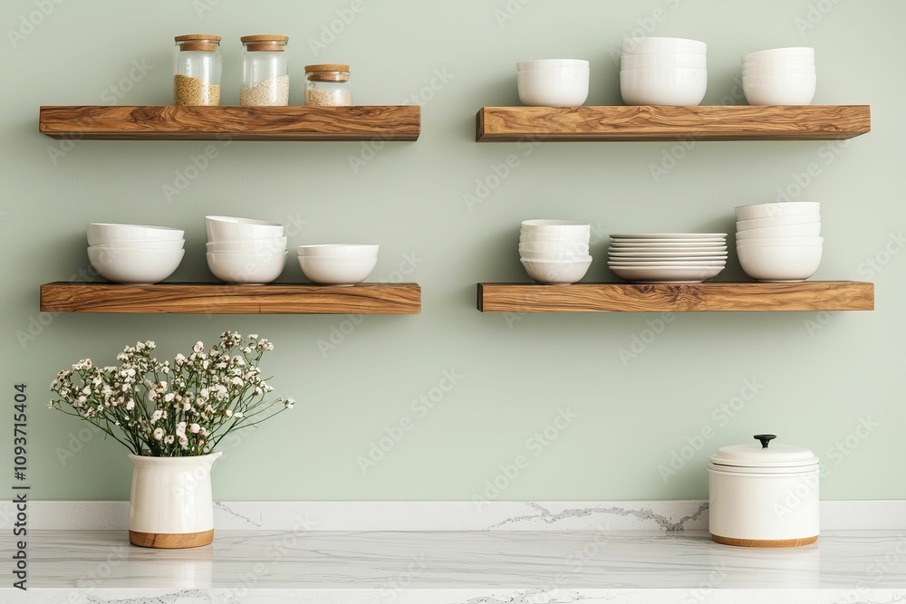 model modern design and avant-garde, A minimalist kitchen display featuring wooden shelves adorned with white tableware and a bouquet, set against a soft green wall. model modern design and avant-garde, A minimalist kitchen display featuring wooden shelves adorned with white tableware and a bouquet, set against a soft green wall.