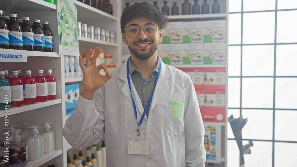 A young, bearded man wearing glasses and a lab coat gives an 'ok' sign inside a well-stocked pharmacy. A young, bearded man wearing glasses and a lab coat gives an 'ok' sign inside a well-stocked pharmacy.
