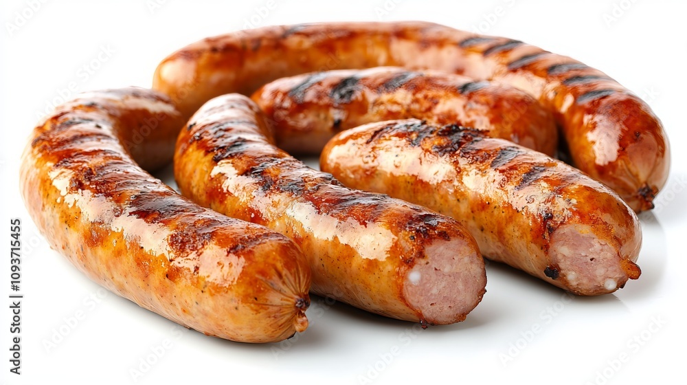 Bavarian sausages are grilled and isolated on a white background. They have a golden brown color and are slightly charred. The sausages are plump and juicy, with a savory aroma Bavarian sausages are grilled and isolated on a white background. They have a golden brown color and are slightly charred. The sausages are plump and juicy, with a savory aroma