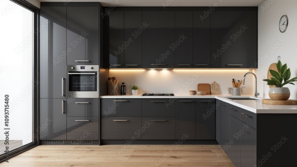 A contemporary kitchen with dark gray kitchen cabinets, chrome accents, and soft lighting creating a stylish, modern vibe. A contemporary kitchen with dark gray kitchen cabinets, chrome accents, and soft lighting creating a stylish, modern vibe.