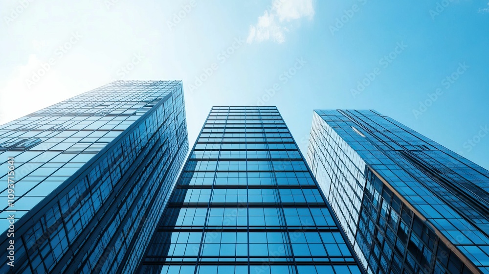 model modern design and avant-garde, A modern skyline featuring tall glass skyscrapers against a bright blue sky, showcasing contemporary architecture and urban design.