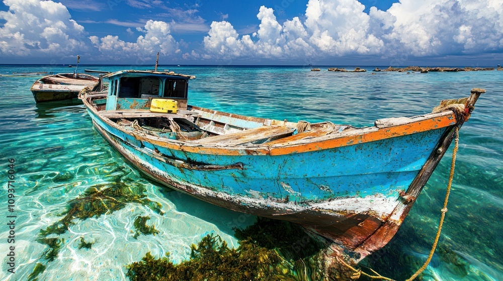 Weathered Wooden Boat in Tropical Shallow Water Weathered Wooden Boat in Tropical Shallow Water