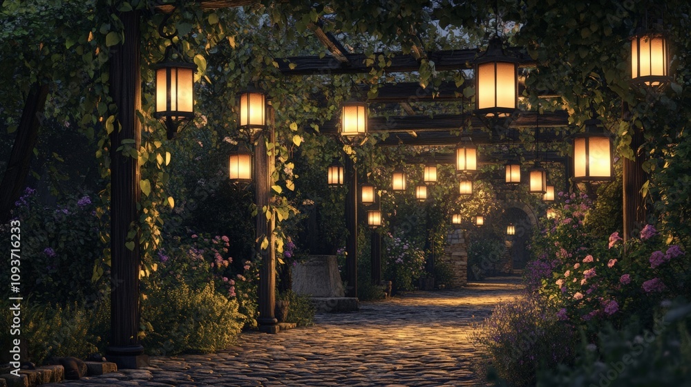 Magical Night Pathway Surrounded by Lanterns and Lush Greenery Magical Night Pathway Surrounded by Lanterns and Lush Greenery