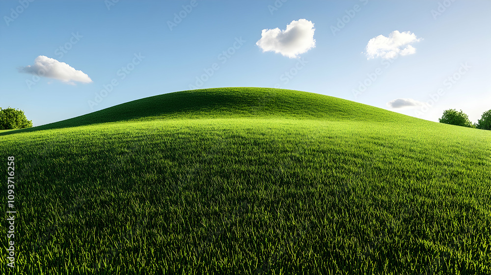 Naklejka premium Lush Green Rolling Hill Under a Clear Blue Sky with Soft White Clouds, Perfect for Nature and Landscape Themes in Various Creative Projects