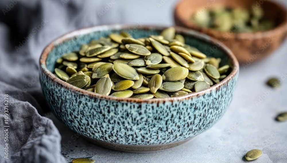 Close-up of Shelled Pumpkin Seeds in a Blue Bowl