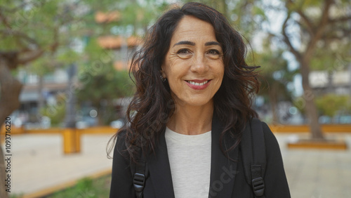 Smiling middle-aged hispanic woman with long brunette hair in a park setting with blurred urban background