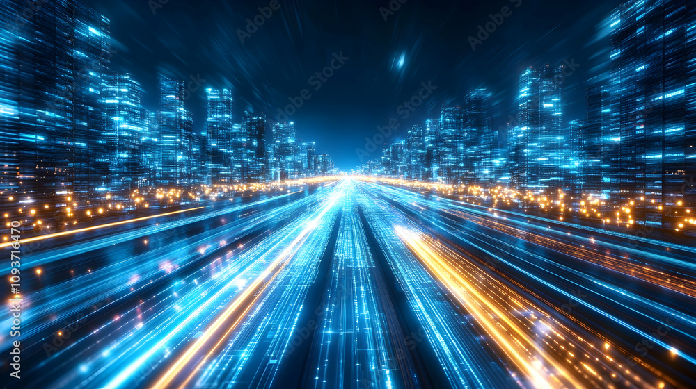 Fototapeta premium Futuristic Cityscape with Blurred Lights and Motion Effect, Illustrating High-Speed Travel Through a Digital Urban Environment at Night