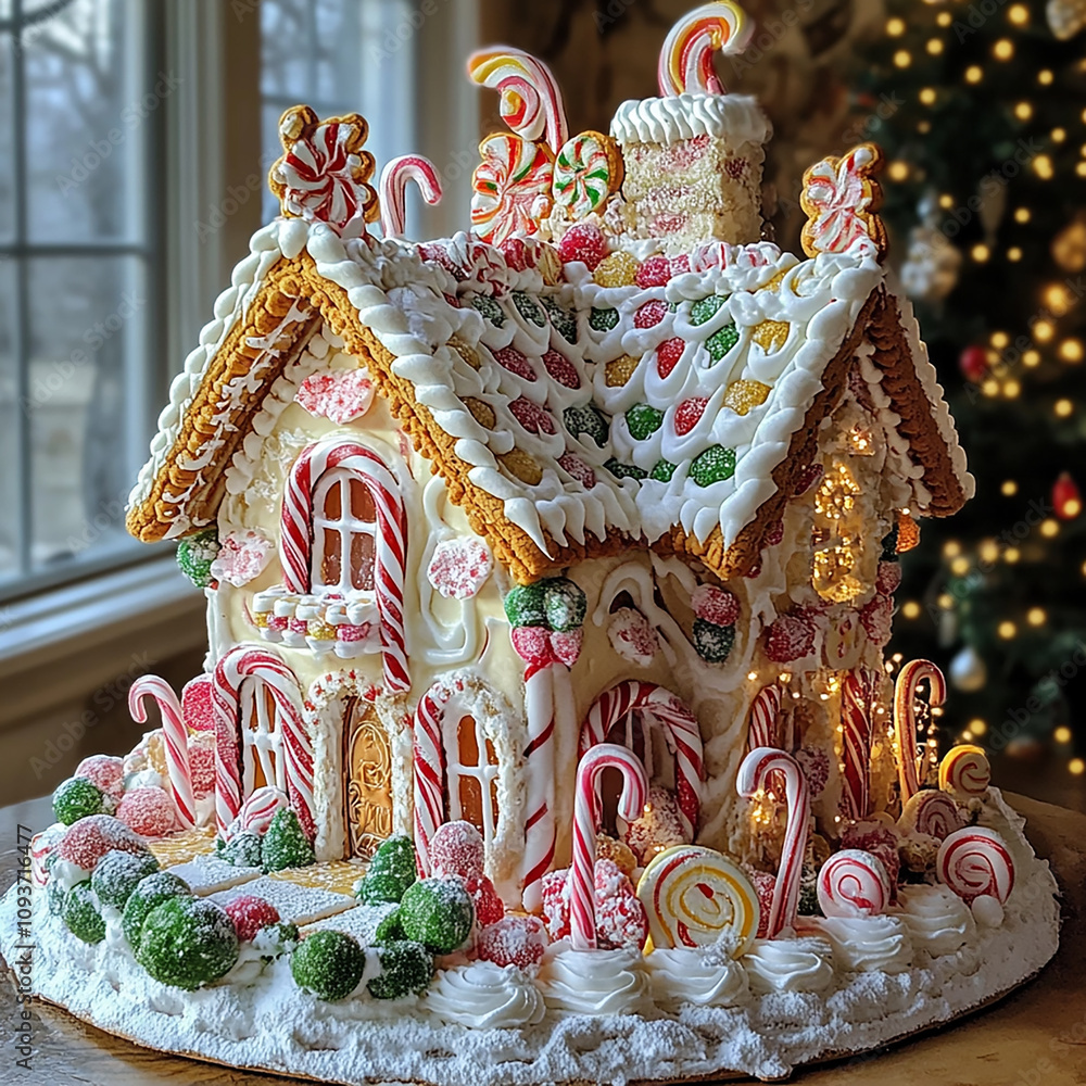 Naklejka premium a sweet house built with cookies and sweets,generative ai